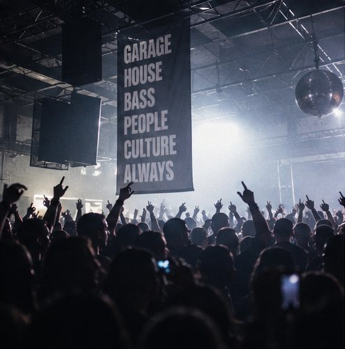 A tall black banner reading Garage, House, Bass, People, Culture, Always, hanging above a crowd with hands in the air.